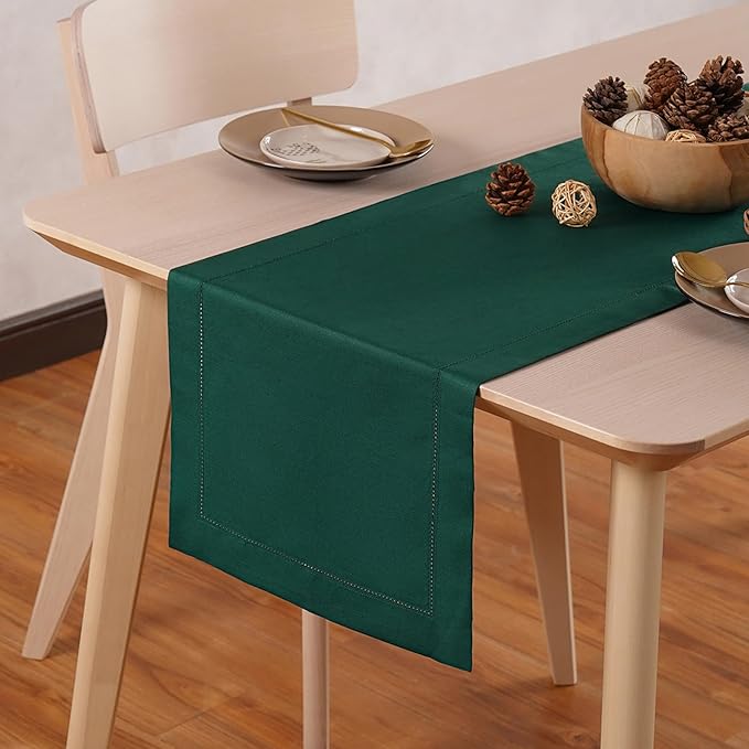 Home Ekaa Green Cotton Linen Table Runner 120 Inch – Washable Hemstitch by HomeEkaa