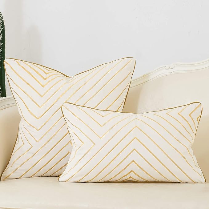 Avigers 18 x 18 Inch White Gold Striped Geometric Lines Embroidery Velvet - Image 6