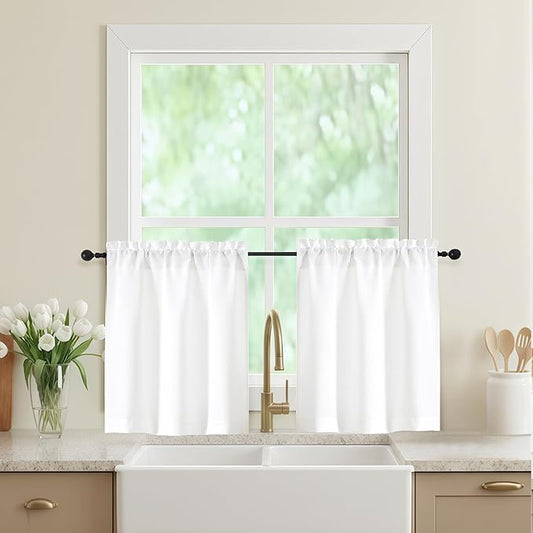White Kitchen Curtains 24 Inch Length 2 Panels, Light Filtering Faux Linen by WelvetBLK
