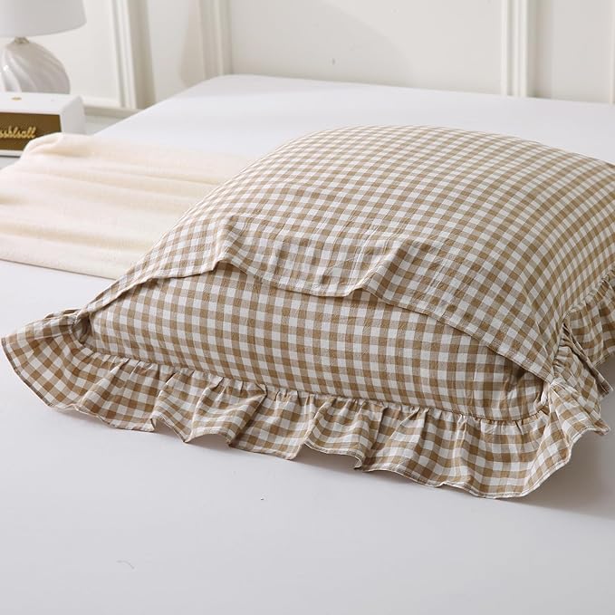 Aryeleay 2 Pack Taupe White Plaid Gingham Ruffle Pillow Shams, 100% Washed - Image 4