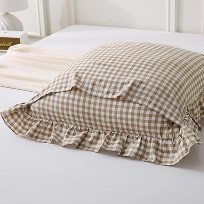 Aryeleay 2 Pack Taupe White Plaid Gingham Ruffle Pillow Shams, 100% Washed - Image 4