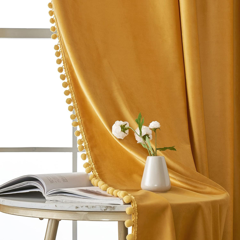 MIULEE Mustard Yellow Pom Pom Velvet Blackout Fall Curtains 2 Panel 52"x...
