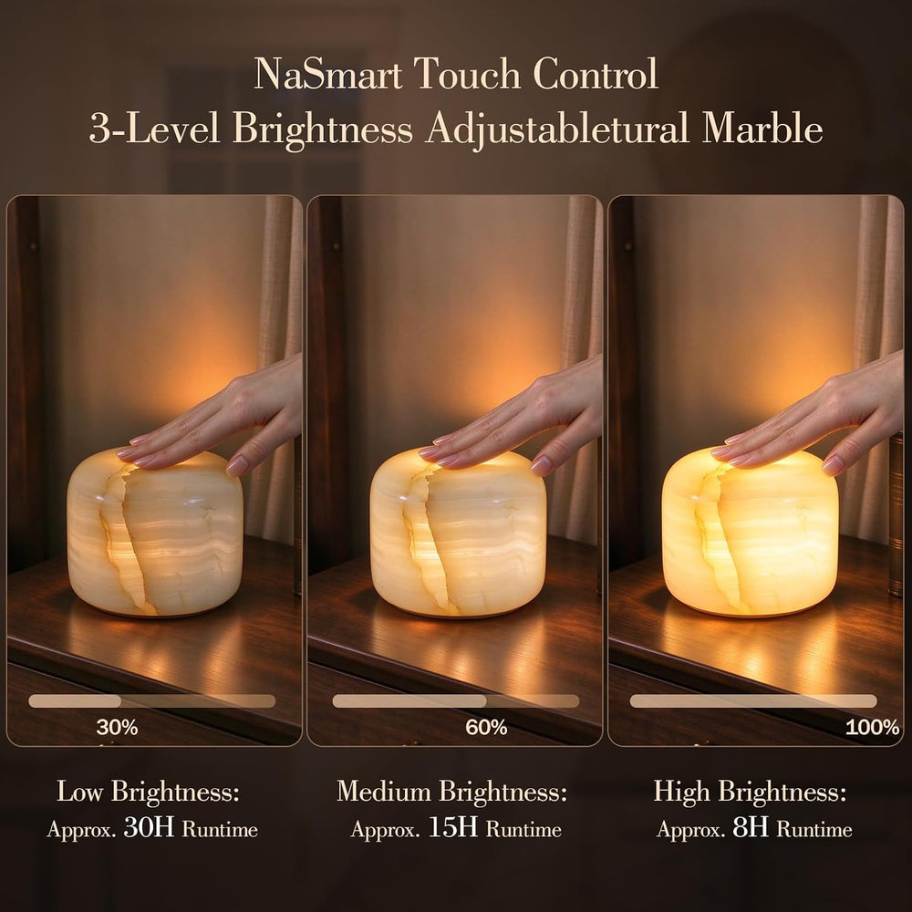 Natural Marble Touch Table Lamp, Cordless Bedside Pat Dimmable Night Light