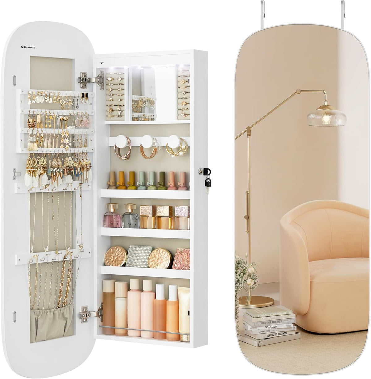 songmics jewelry organizer, led jewelry cabinet, wall/door mounted, main product view