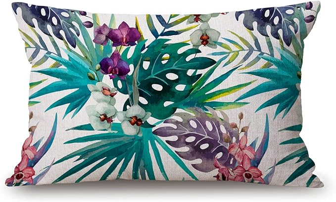 Solekla Tropical Flower Leaves Cotton Linen Throw Lumbar Pillow Case Cushion by Solekla