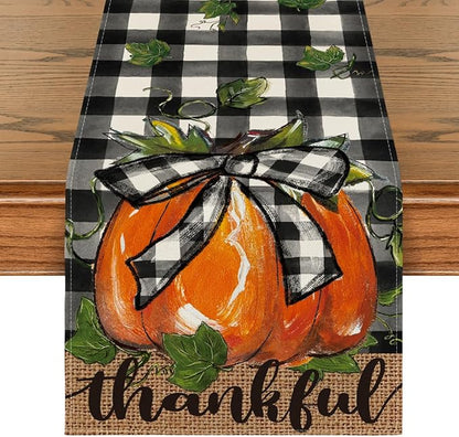 Artoid Mode Buffalo Plaid Bowknot Pumpkin Thankful Fall Table Runner, Autumn by ArtoidMode
