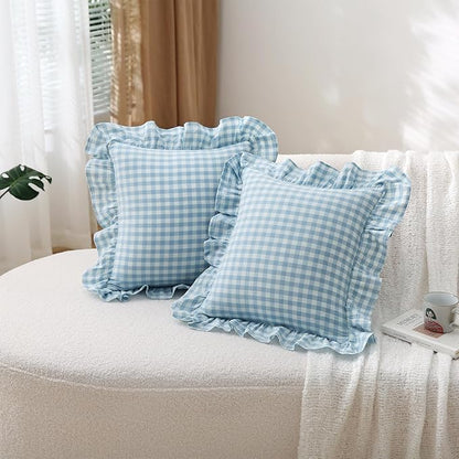 2 Pack Light Blue White Plaid Ruffle Gingham Throw Pillow Covers, 100% Washed - Image 7