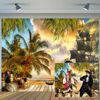 10X8ft Pirate Theme Photo Backdrop Photography Background, Pirate Ship Treasure Chest Map Gun Halloween Trunk or Treat Backdrops Photo Booth Prop Decorations Wall Decor Tablecloth