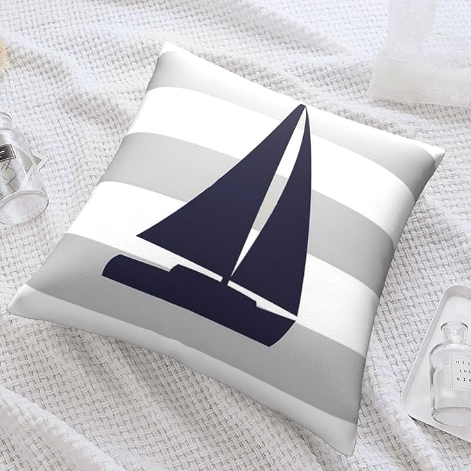 Myshe Square Nautical Navy Blue Sailboat On Silver Gray Stripes Throw Pillow - Image 7