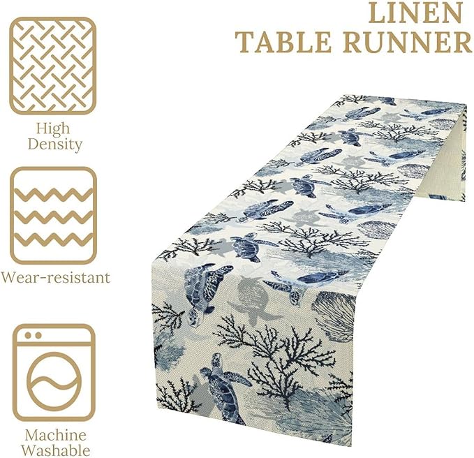 Summer Turtle Table Runner, Cartoon Sea Turtle Tropical Ocean Beach Teal - Image 5