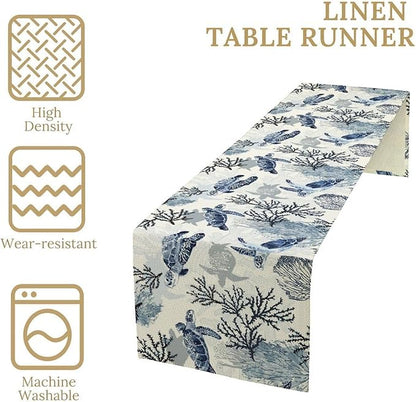 Summer Turtle Table Runner, Cartoon Sea Turtle Tropical Ocean Beach Teal - Image 5