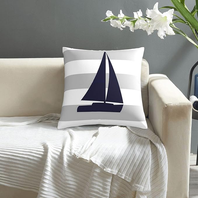Myshe Square Nautical Navy Blue Sailboat On Silver Gray Stripes Throw Pillow - Image 8