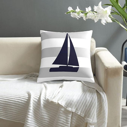 Myshe Square Nautical Navy Blue Sailboat On Silver Gray Stripes Throw Pillow - Image 8
