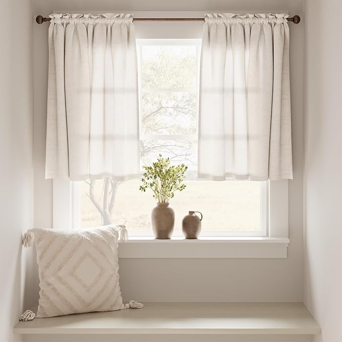 jinchan Beige Linen Kitchen Curtains 36 Inch Tier Curtains Farmhouse Cafe Light - Image 4