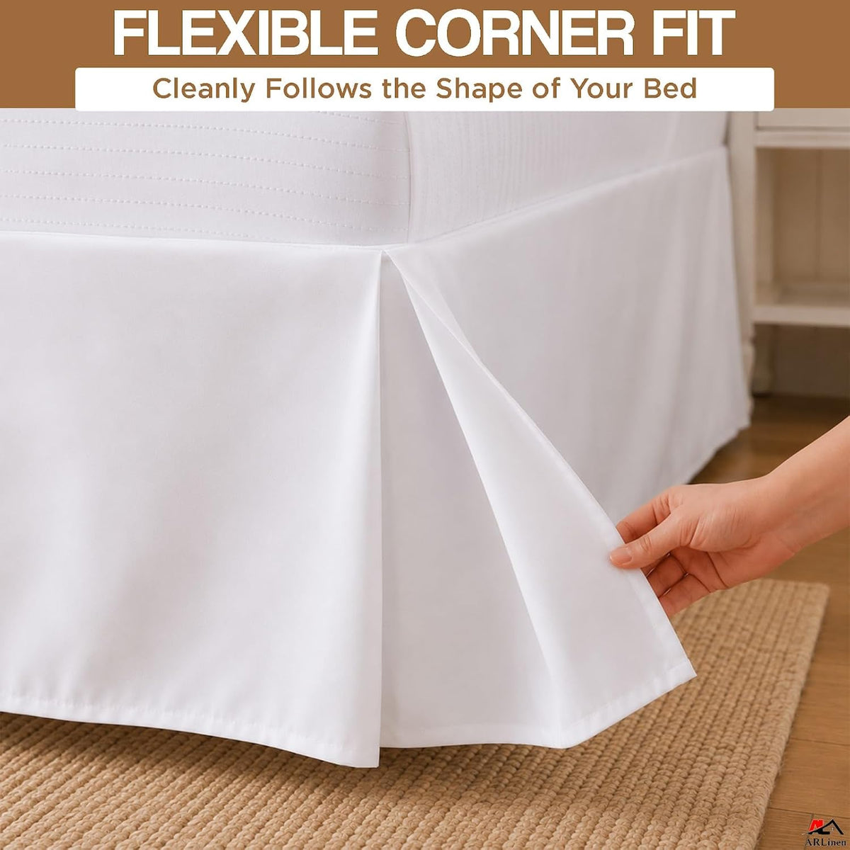 arlinen pleated full bed skirt with split corners showing dimensions