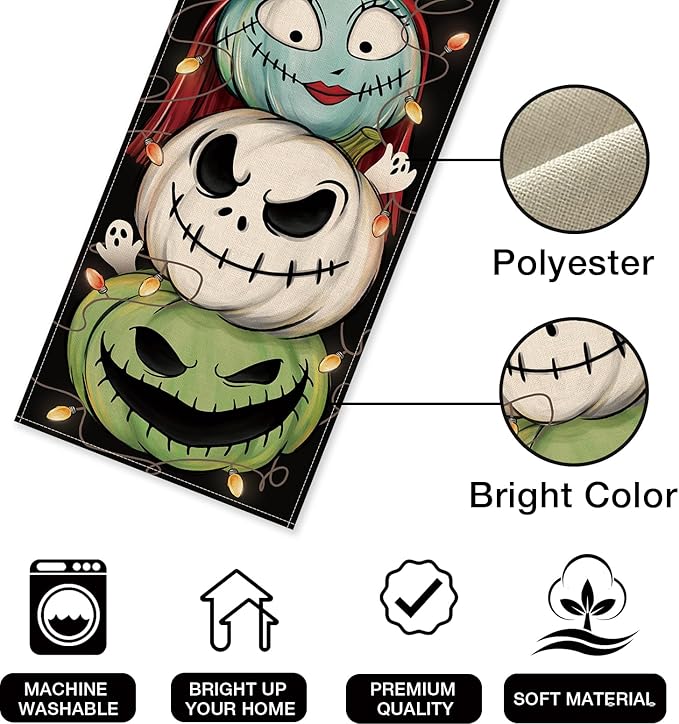 Halloween Jack O Lantern Pumpkin Table Runner, Jack Green Monster Sally Ghost - Image 2