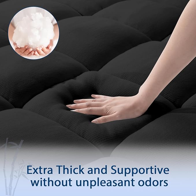 ELEMUSE Queen Black Cooling Bamboo Viscose Mattress Topper - Image 3