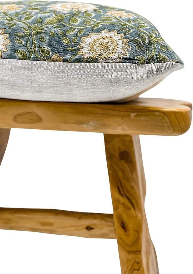Designer Floral on Natural Linen Pillow Cover | Blue Green & Mustard | Boho - Image 4
