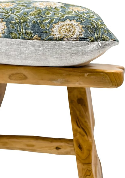 Designer Floral on Natural Linen Pillow Cover | Blue Green and Mustard Pillow - Image 4