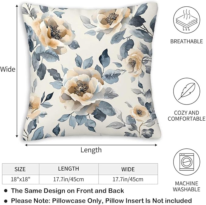 Throw Pillow Covers 18x18 Set of 2, Flowers Cushion Covers, Decorative Square - Image 3