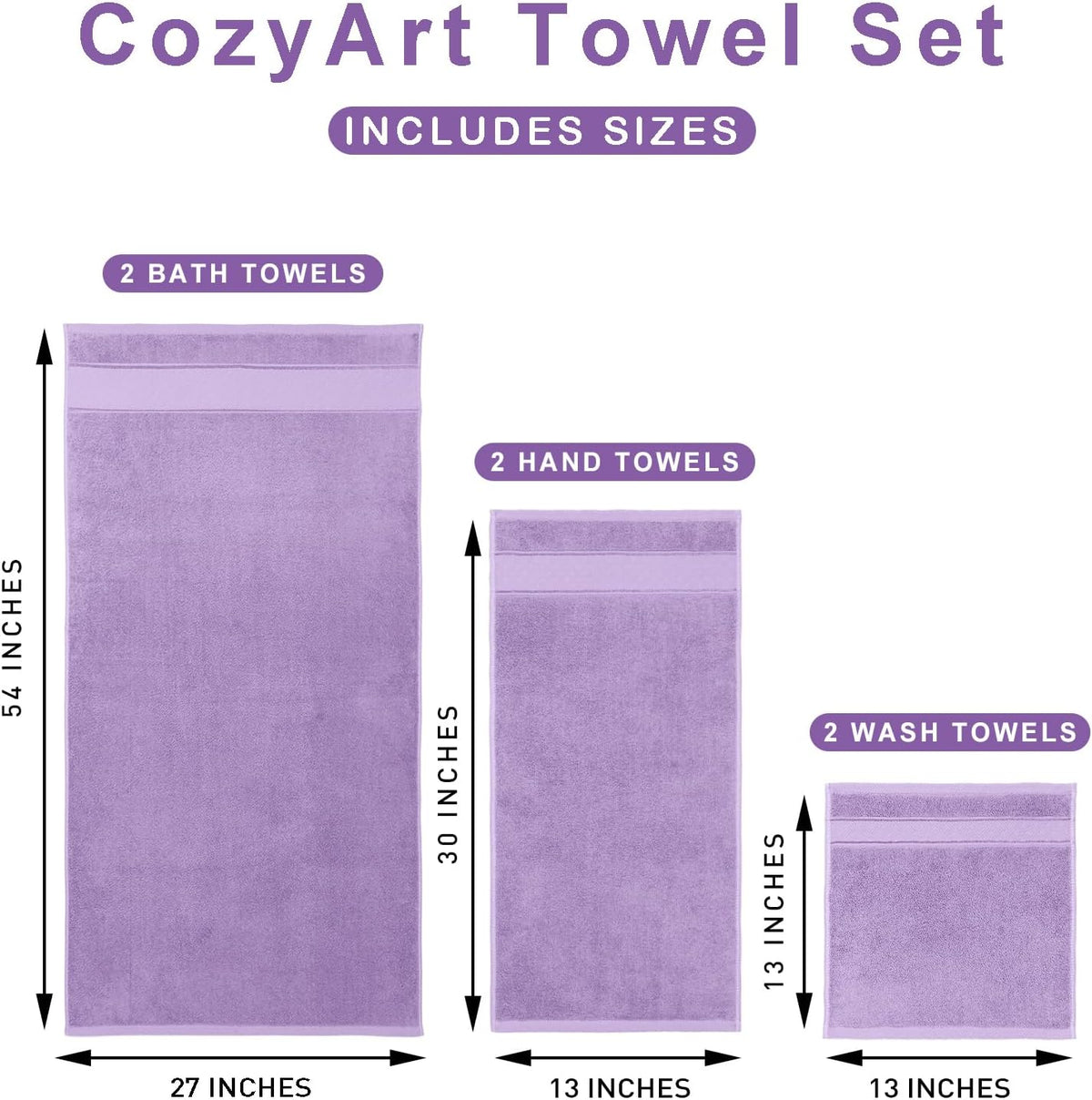 cozyart bath towel set 6 pcs, luxury lavender, side view