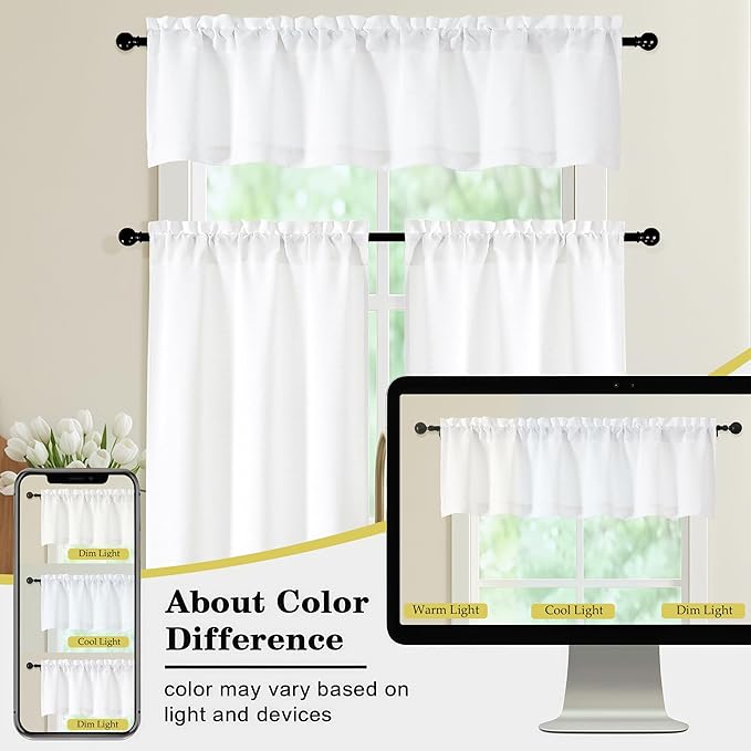White Kitchen Curtains 24 Inch Length 2 Panels, Light Filtering Faux Linen - Image 7