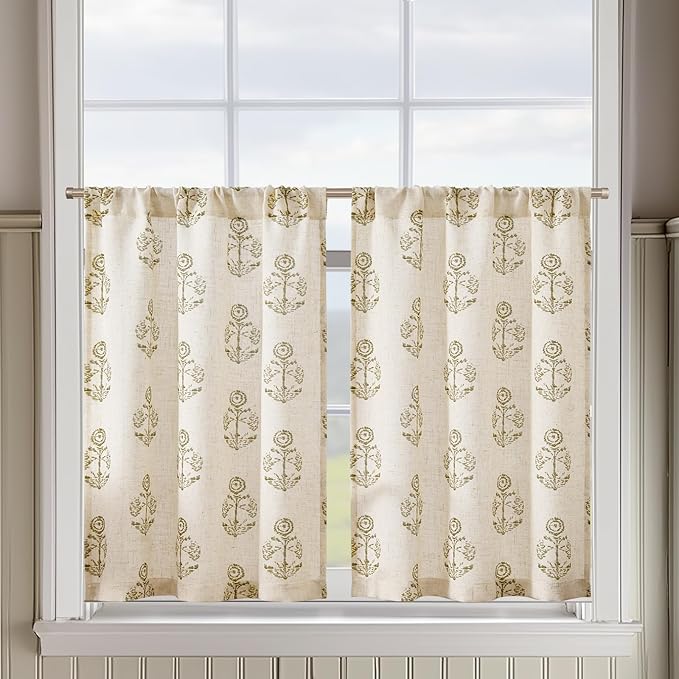jinchan Linen Kitchen Curtains 24 Inch Floral Tier Curtains Farmhouse Cottage by JINCHAN