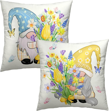 Spring Gnome Decorative Throw Pillow Cover 18x18 Inch Set of 2 Bloom Flower by Granbey