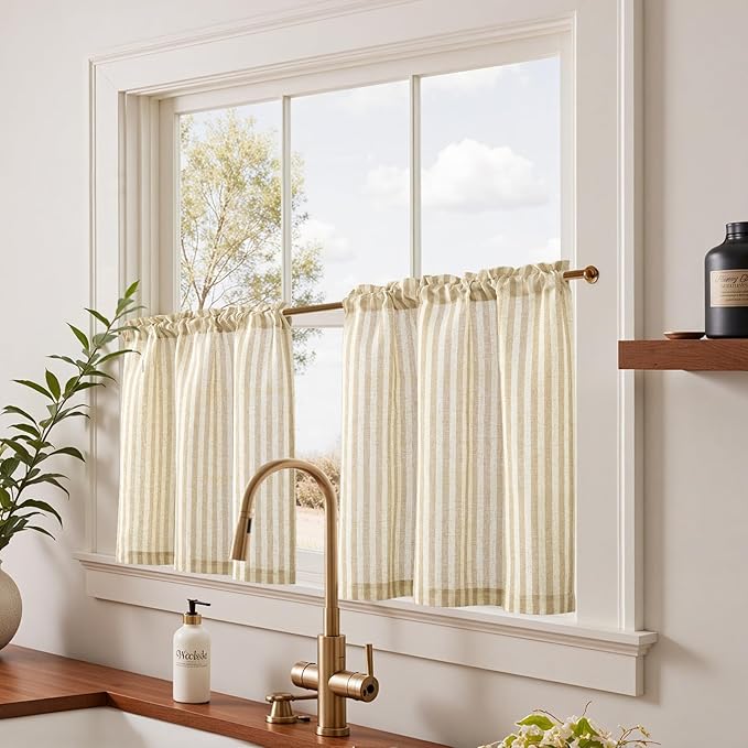 jinchan Striped Linen Kitchen Curtains 24 Inches Length Tier Curtains Farmhouse - Image 2