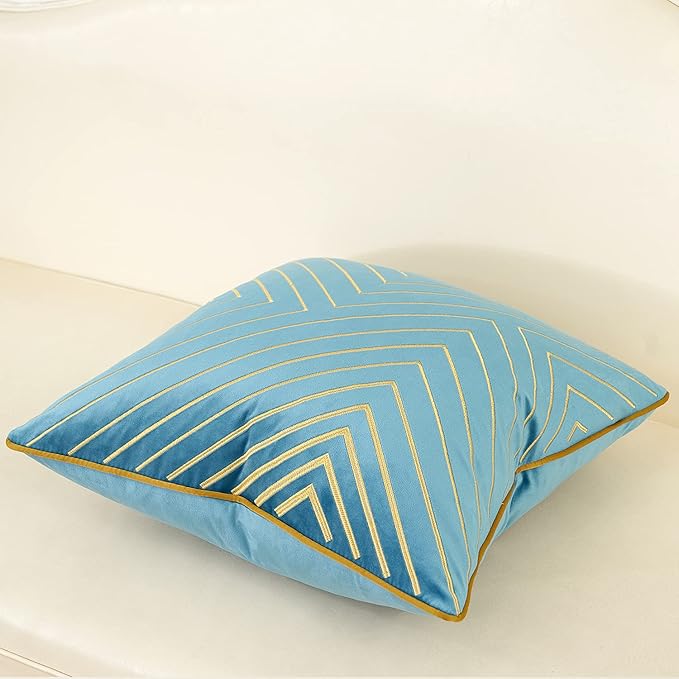 Avigers 20 x 20 Inch Grey Blue Gold Striped Geometric Lines Embroidery Velvet - Image 3