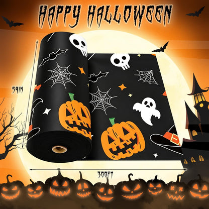 CXPSINC 54 Inch X 300 Feet Plastic Table Cover Roll Disposable Halloween Tablecloth with Slide Cutter Pumpkin Ghost Plastic Table Covers for Halloween Party Decorations(Pumpkin Ghost, 300 Feet)