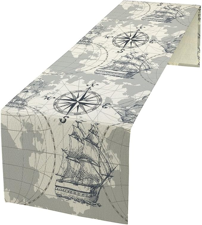 Nautical Sailboat Table Runner Vintage Adventure Coastal Compass Anchor Sketch by moderw