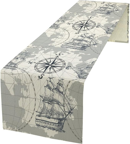Nautical Sailboat Table Runner Vintage Adventure Coastal Compass Anchor Sketch by moderw