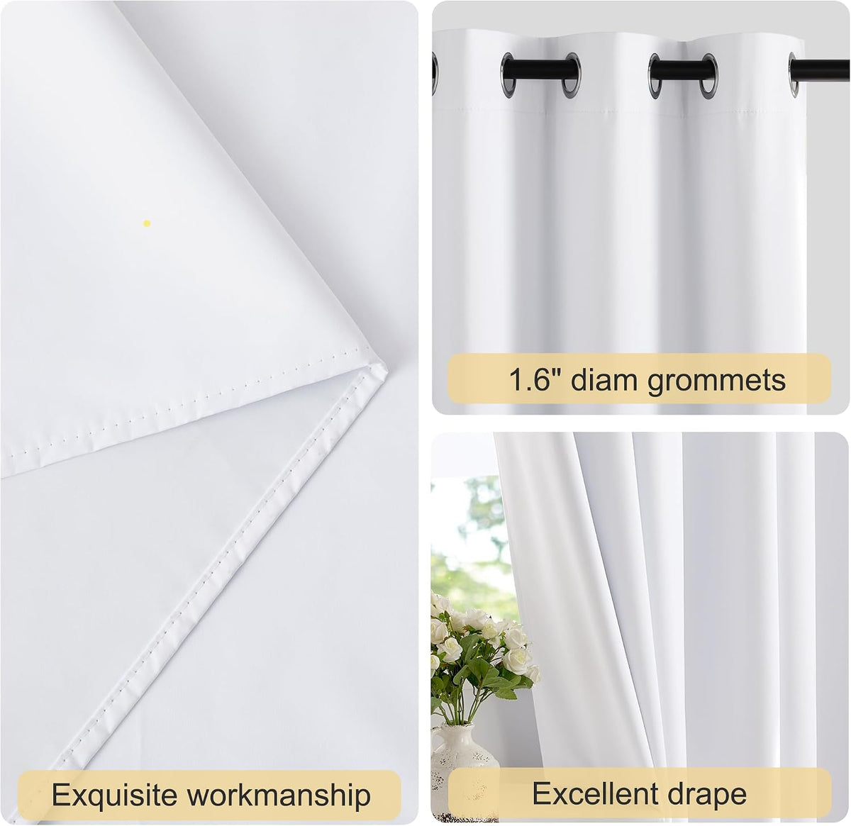 nicetown 100% blackout white curtains 96 inches long, close-up detail