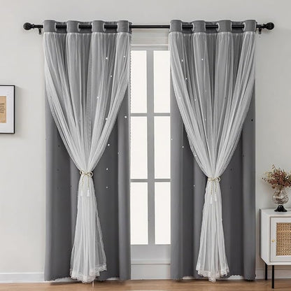 Light Gray Curtains for Kids Bedroom Nursery Decor Star Cutout Double Layer by LUGOTAL