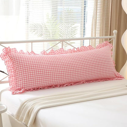Coral Pink White Plaid Ruffled Gingham Body Pillow Cover, 100% Washed Cotton by KMASANIJI
