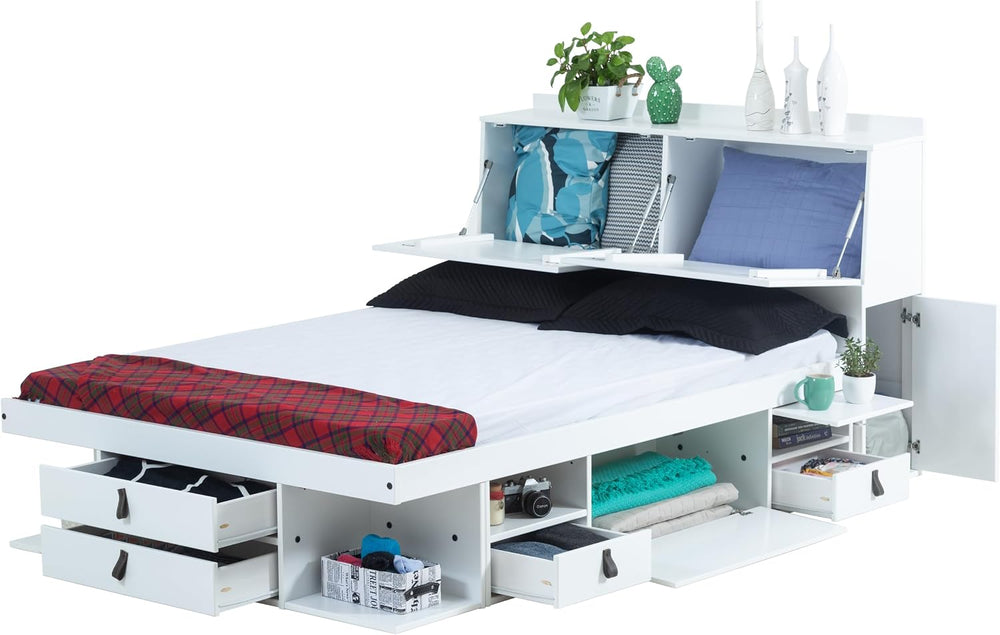 memomad Bali Chest Set: Bed + Storage Headboard, Queen Size, Matte White