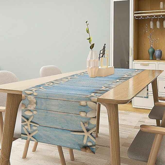 Summer Beach Starfish Table Runner Beach Seashells Blue Rustic Wood Printed - Image 2