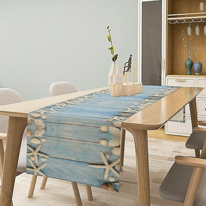 Summer Beach Starfish Table Runner Beach Seashells Blue Rustic Wood Printed - Image 2