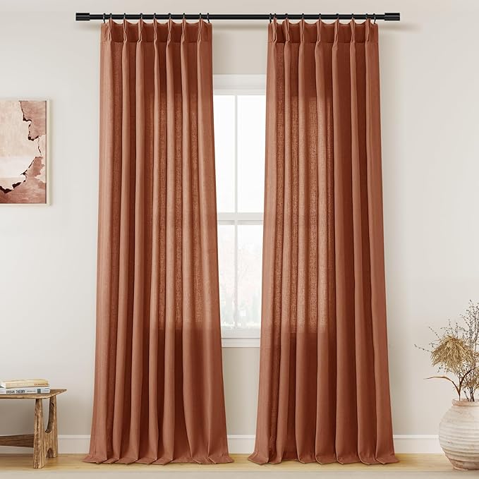Terracotta Pinch Pleat Linen Curtains 108 Inch Length 2 Panels Set by Aersas