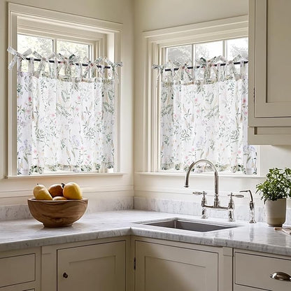 JINCHAN Linen Kitchen Curtain Floral Printed Tier Curtain 36 Inch Farmhouse - Image 2