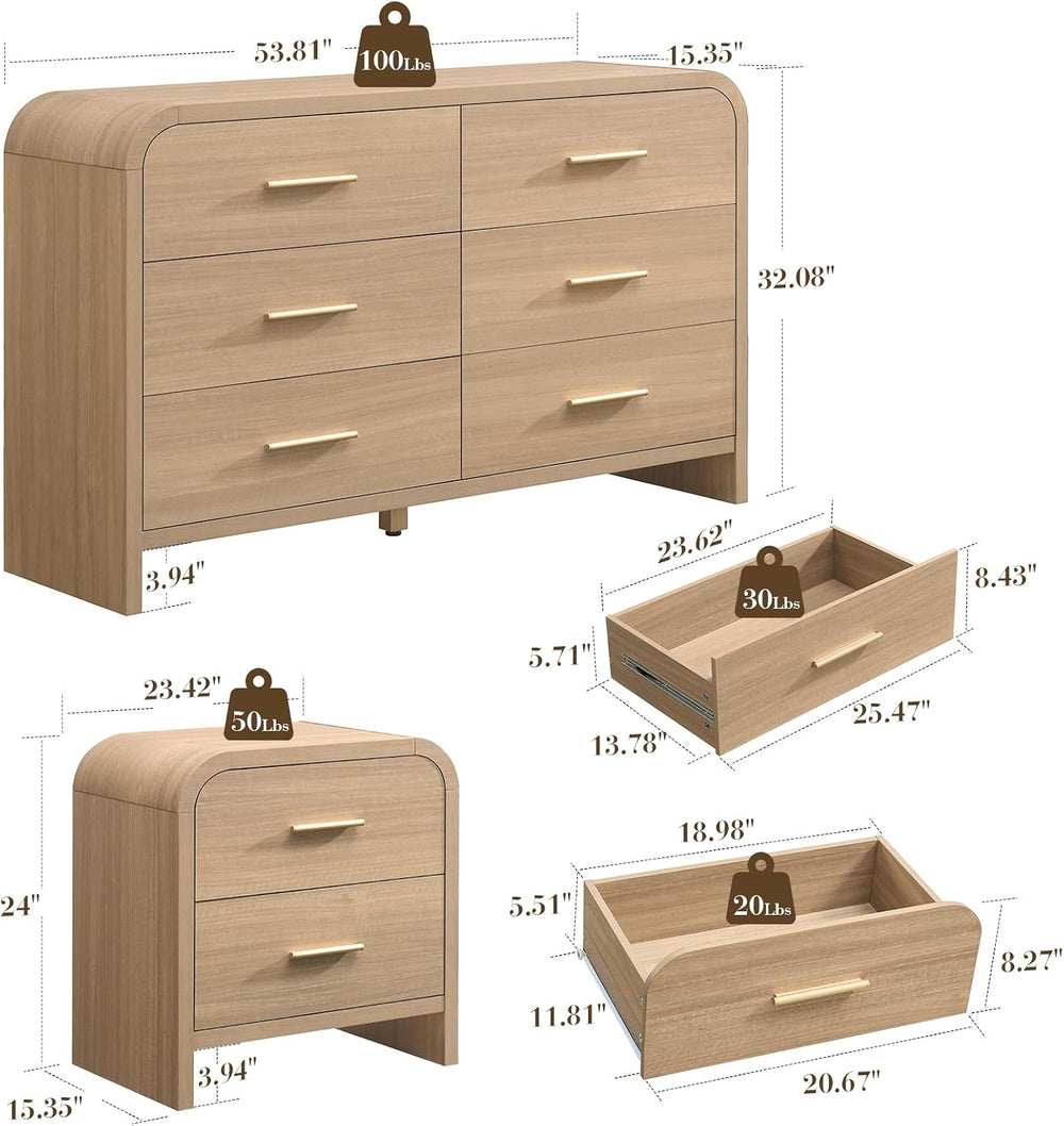 3-Piece Bedroom Set, Curved 6-Drawer Dresser&2-Drawer Nightstands
