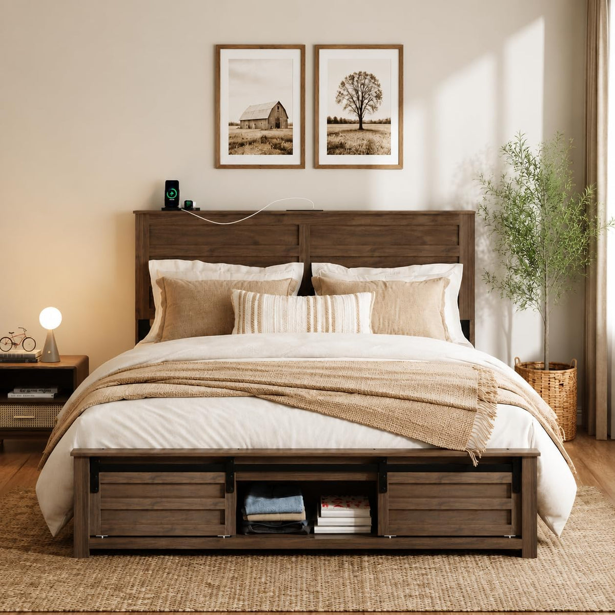 wooden queen bed frame with headboard, farmhouse storage, main product view
