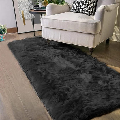 Latepis 2x8 Runner Black Faux Sheepskin Fur Rug Washable Shag Fluffy Rugs by Latepis