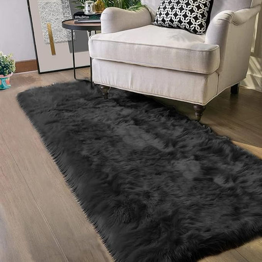 Latepis Black Runner Bedside Rug 2x6 Area Faux Sheepskin Fur Rug Washable by Latepis
