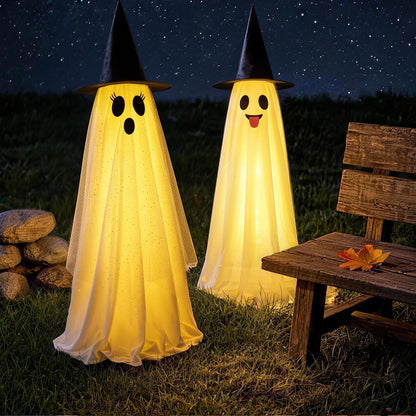Halloween Decorations Outdoor & Indoor Decor - 2 Pack 59-inch Remote Control Spooky Ghost String Lights with Witch Hats, Halloween Lights for Porch, Yards, Patio, Garden Lawn, Party