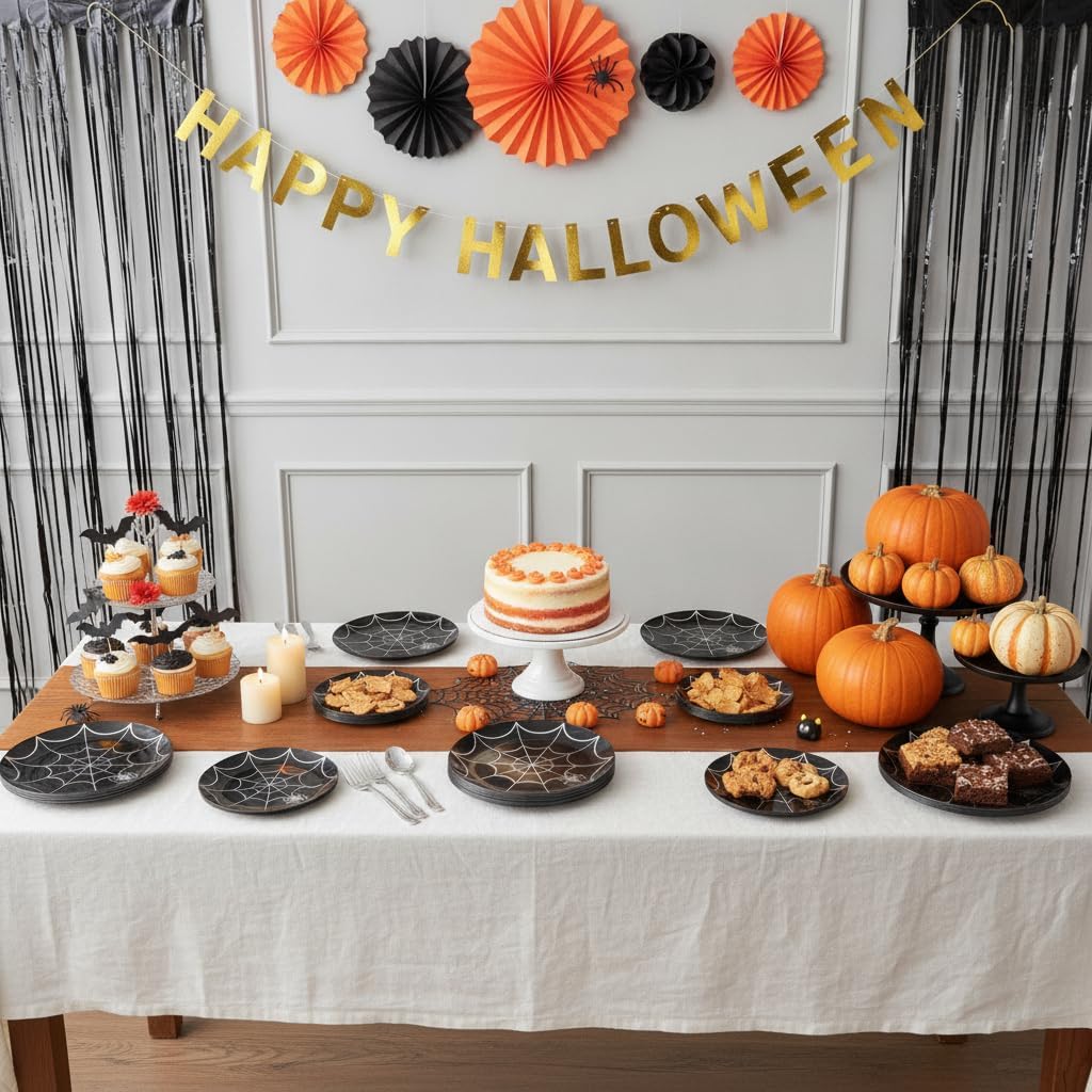 NOCCUR 60PCS Halloween Plastic Plates - 30 Black Dinner/Dessert Plates - Ideal for Halloween Party