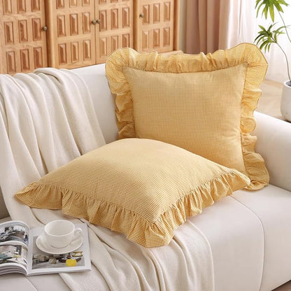 Vintage Yellow Plaid Ruffle Throw Pillow Covers 20x20 inches, Washed Cotton by Silnuo