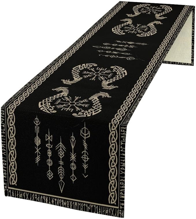 Viking Table Runner, Raven Ancient Rune Dragon Totem Norse Mystical Geometric by Unknown