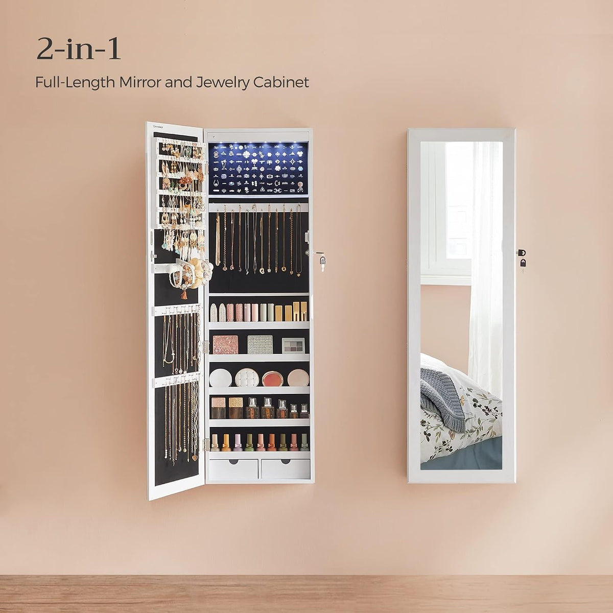 songmics 6 leds mirror jewelry cabinet, 47.2-inch tall, close-up detail
